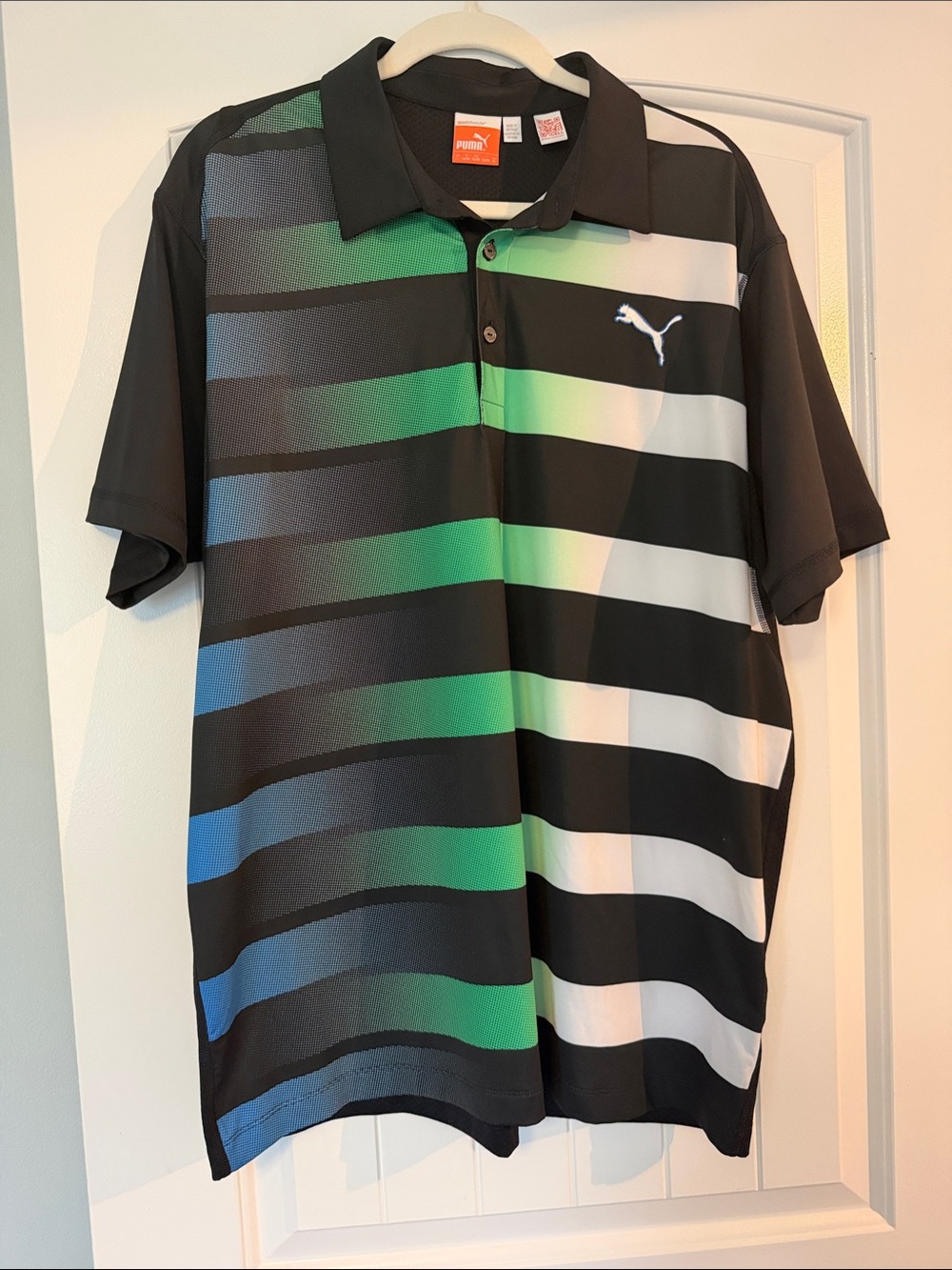 Puma Black Polo with Green, Blue & White Gradient Stripes